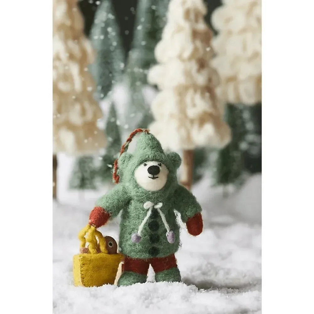 Anthropologie Handmade Felt Bear Ornament Fishing Green Cozy NEW